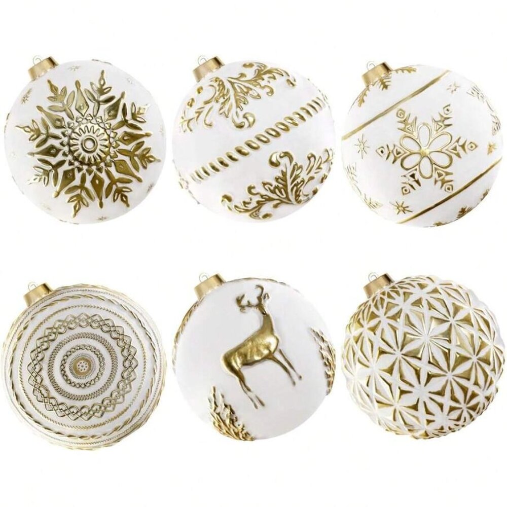 Lanpn Set of 6 Christmas White & Gold Shatterproof Relief 6" Ornament Balls
